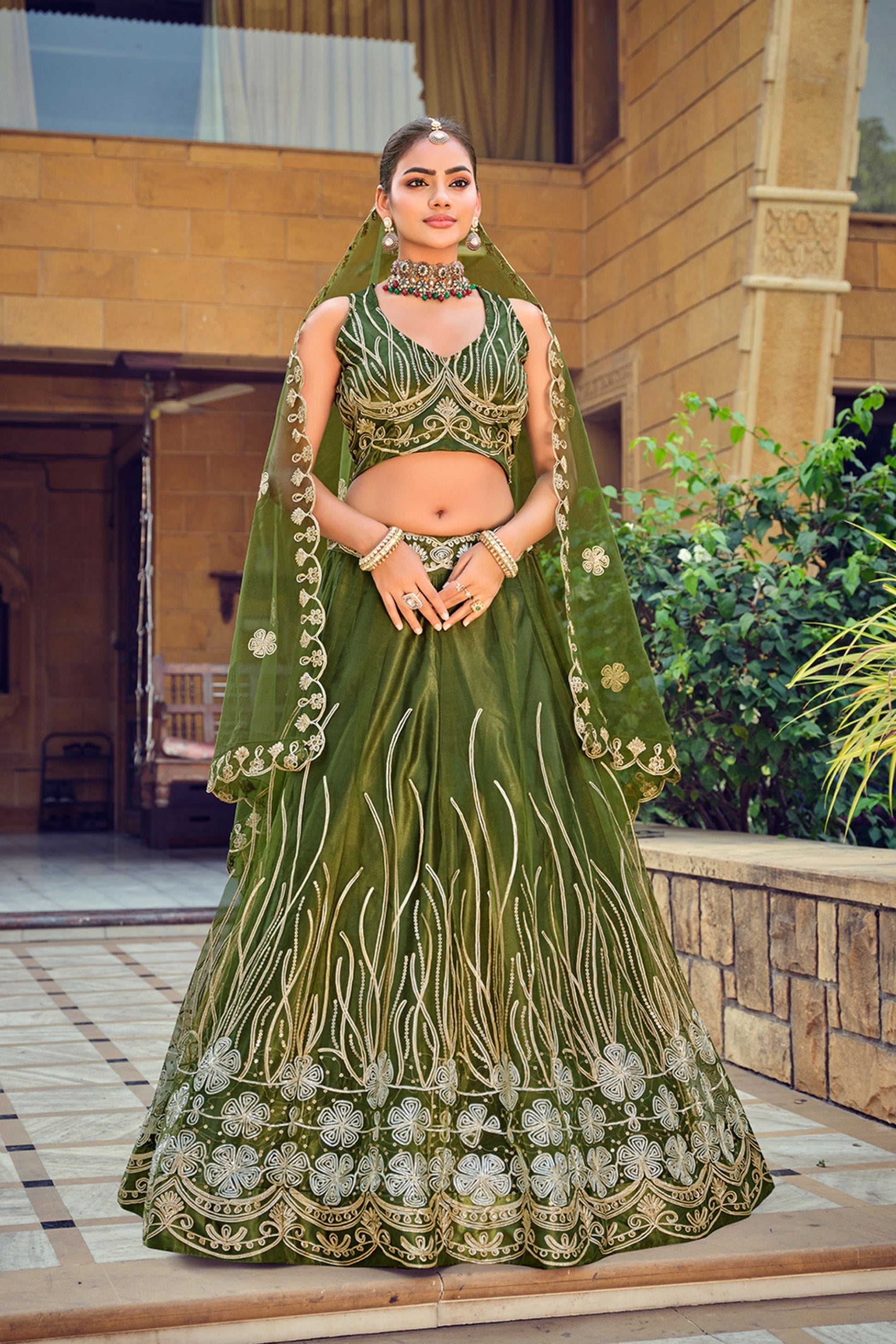 Graceful Olive Green Embroidered Net Lehenga Choli with Dupatta for Wedding
