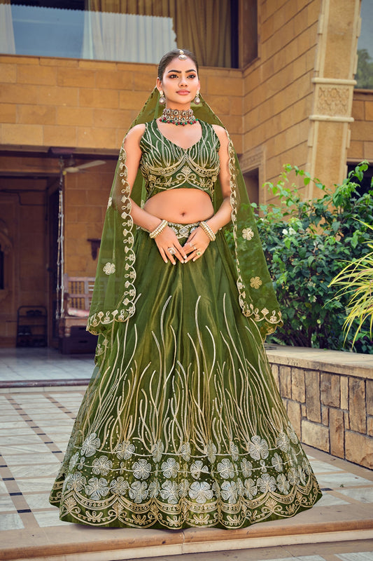Graceful Olive Green Embroidered Net Lehenga Choli with Dupatta for Wedding