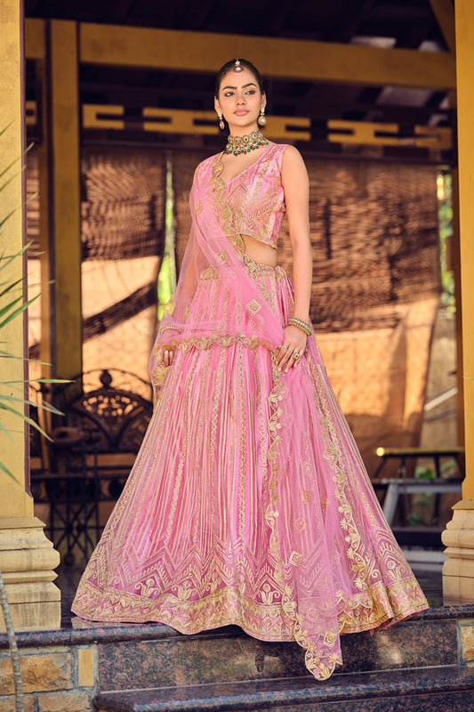 Charming Baby Pink Embroidered Net Lehenga Choli with Dupatta for Wedding
