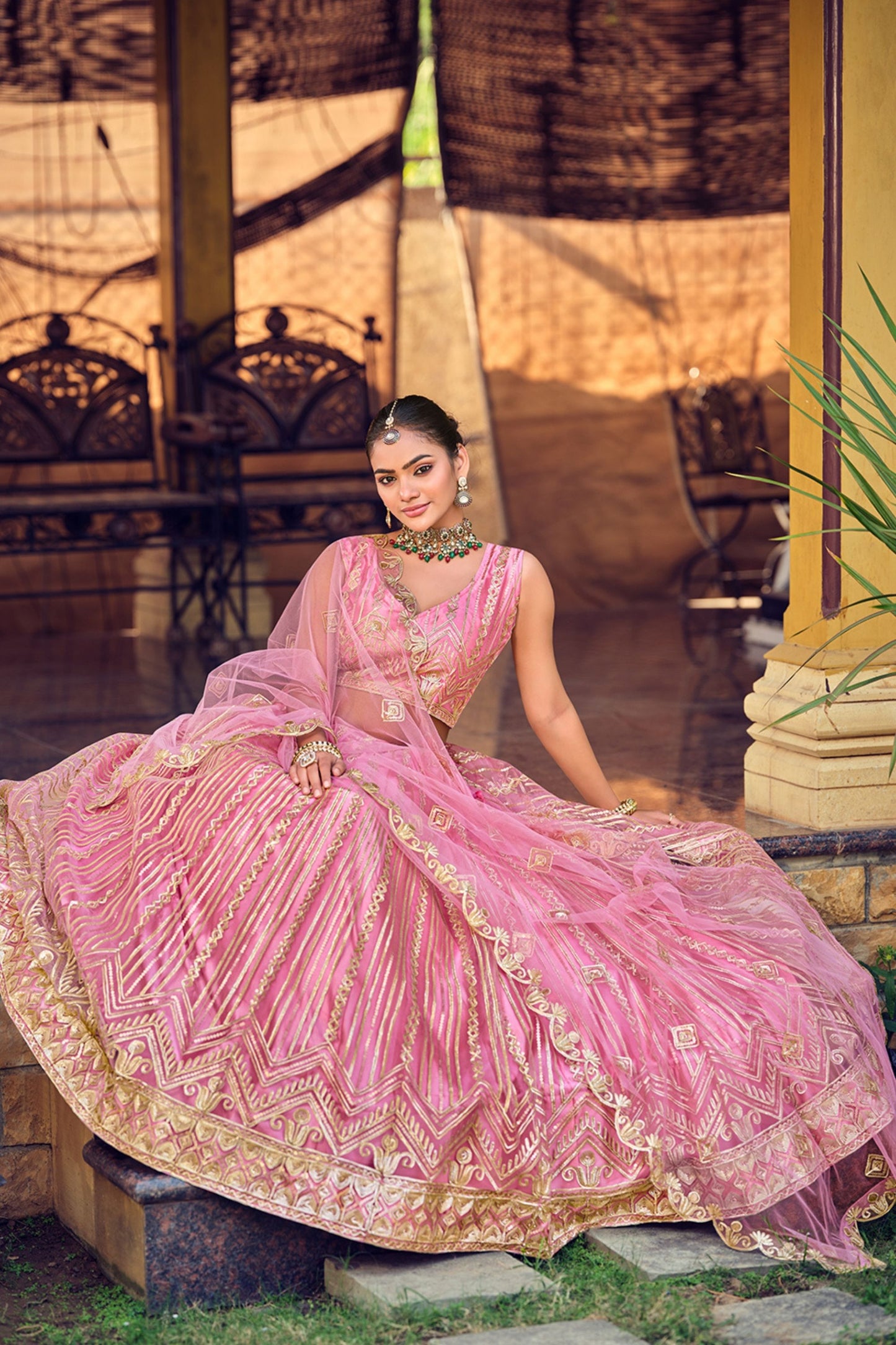 Charming Baby Pink Embroidered Net Lehenga Choli with Dupatta for Wedding