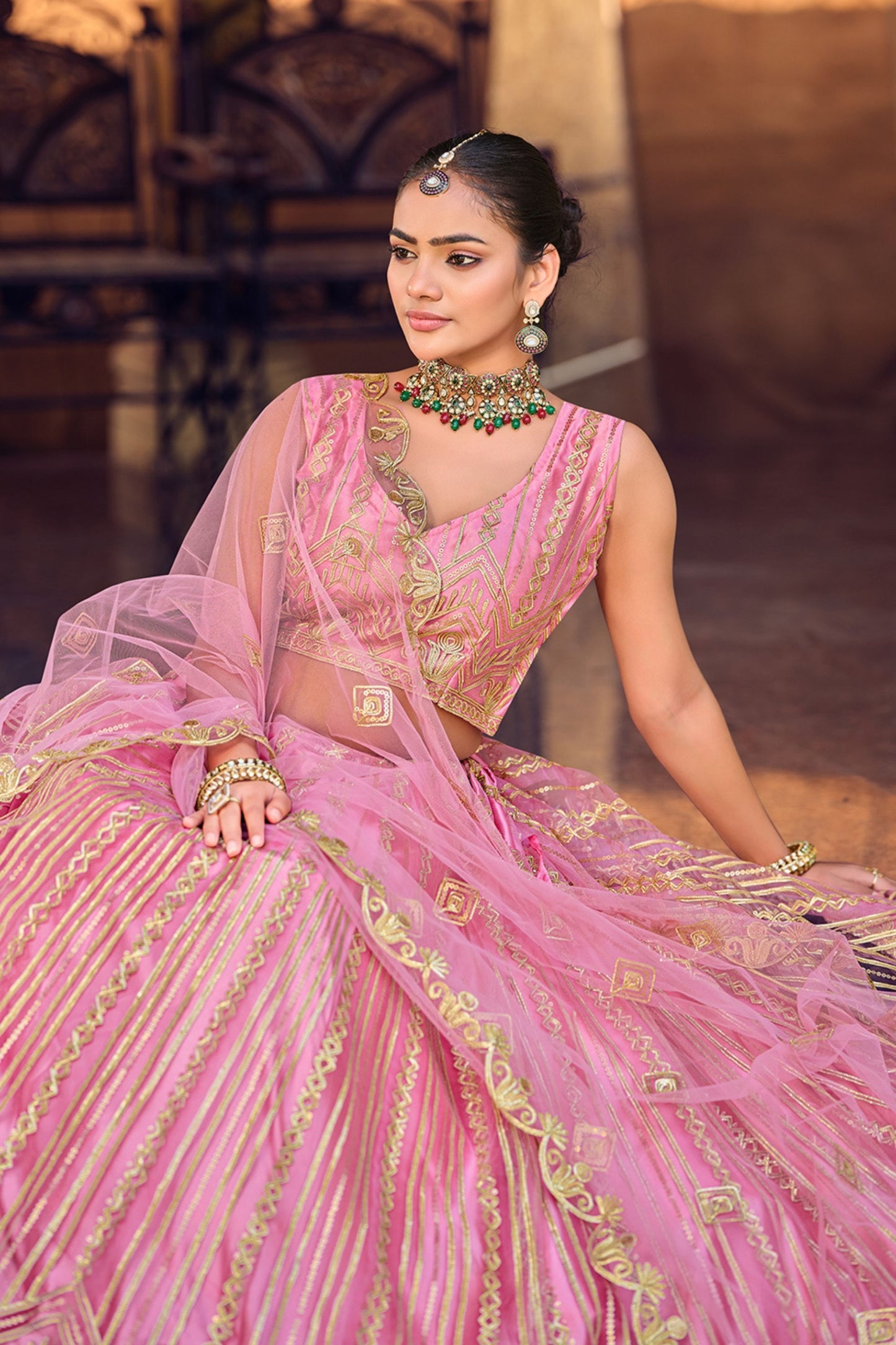 Charming Baby Pink Embroidered Net Lehenga Choli with Dupatta for Wedding