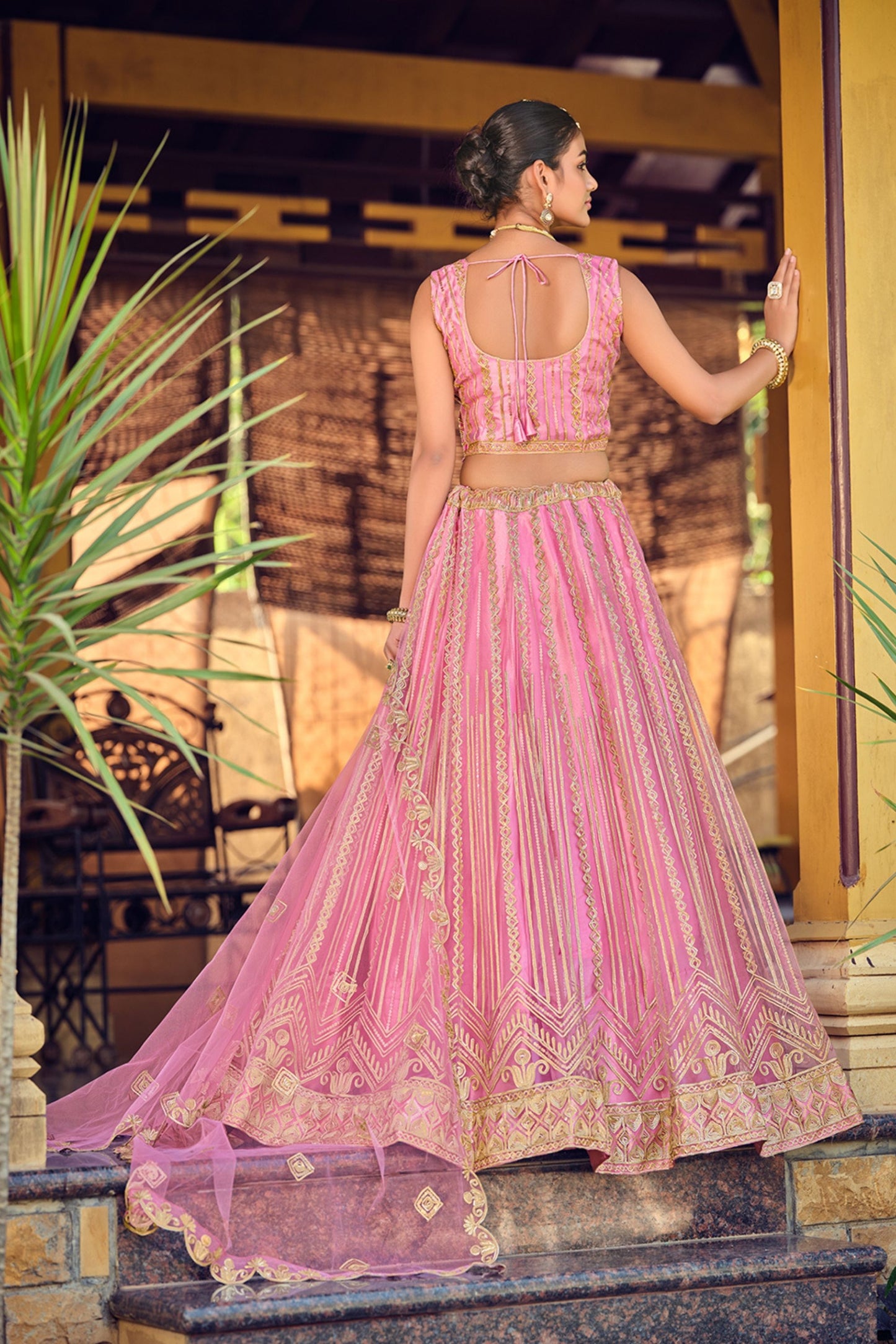 Charming Baby Pink Embroidered Net Lehenga Choli with Dupatta for Wedding