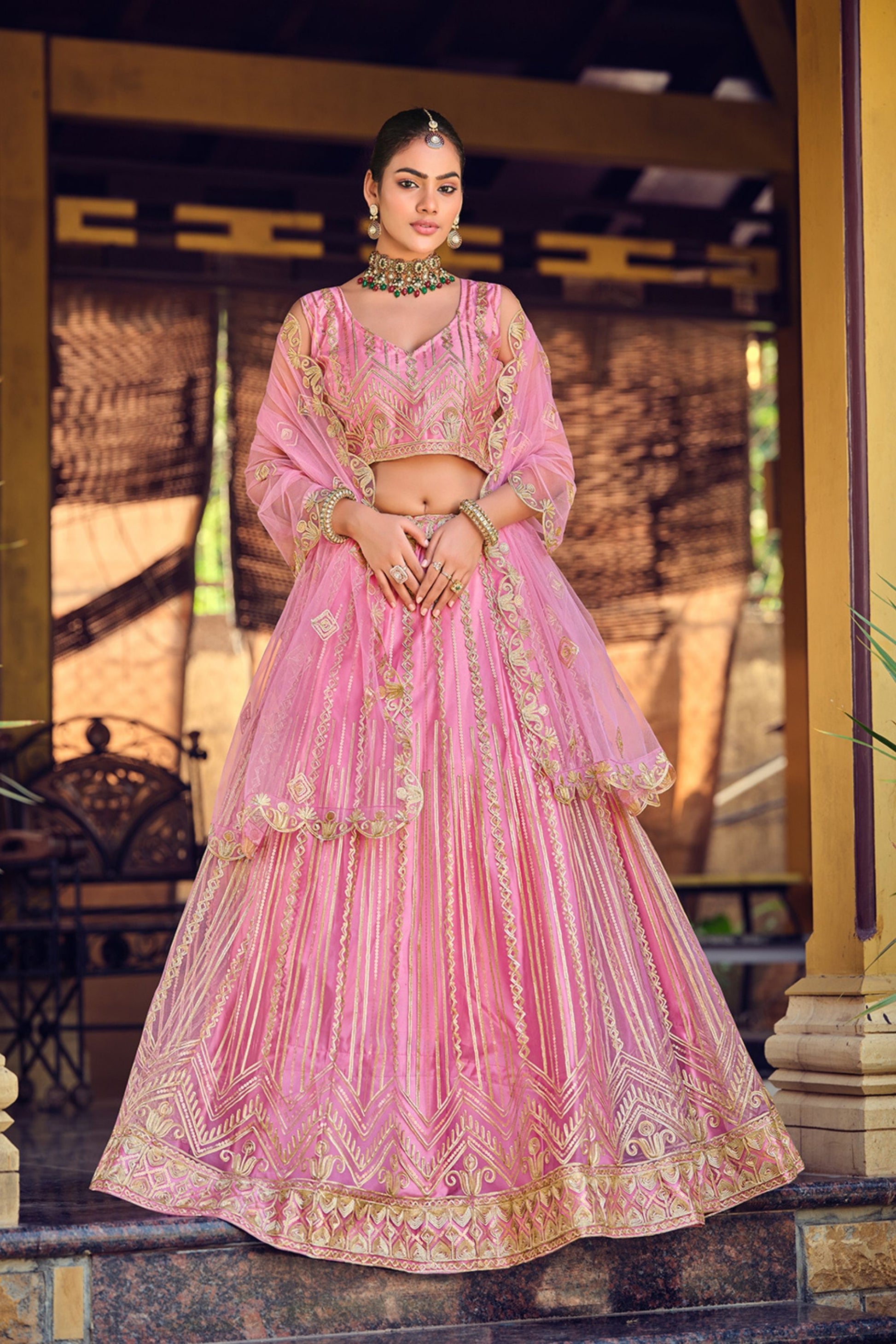 Charming Baby Pink Embroidered Net Lehenga Choli with Dupatta for Wedding