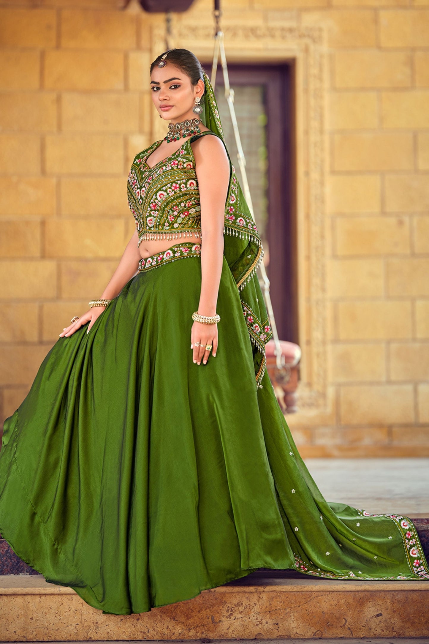 Simplistic Olive Green Embroidered Silk Lehenga Choli with Dupatta