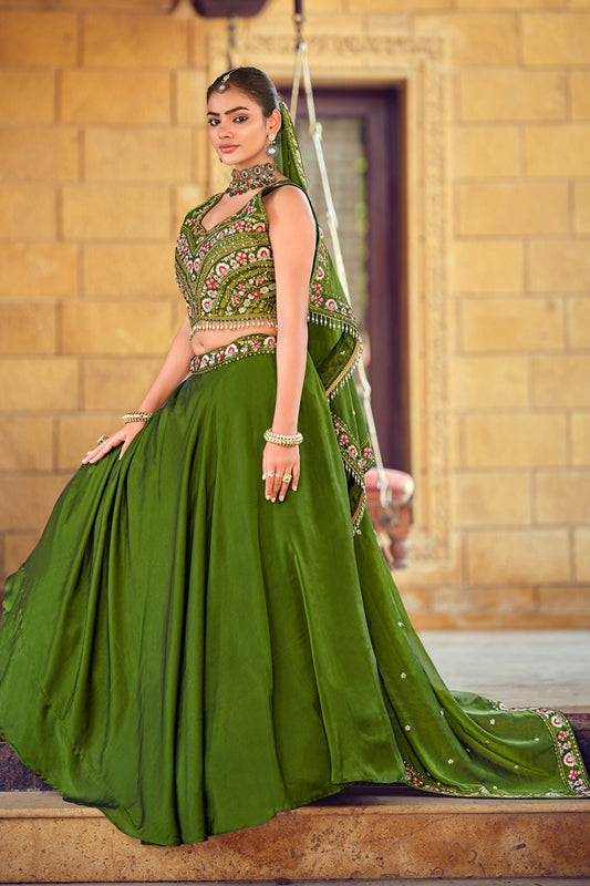 Simplistic Olive Green Embroidered Silk Lehenga Choli with Dupatta
