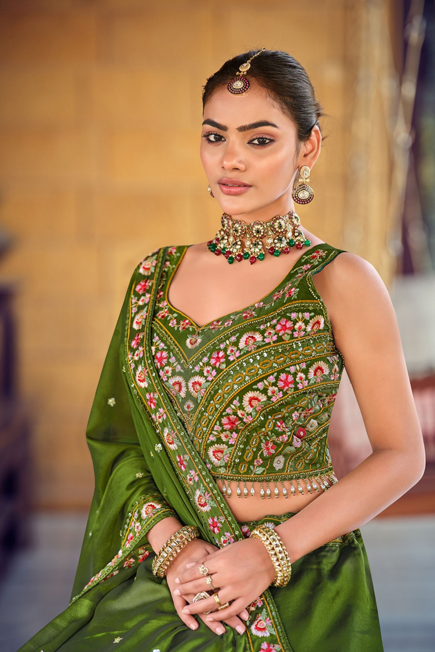 Simplistic Olive Green Embroidered Silk Lehenga Choli with Dupatta