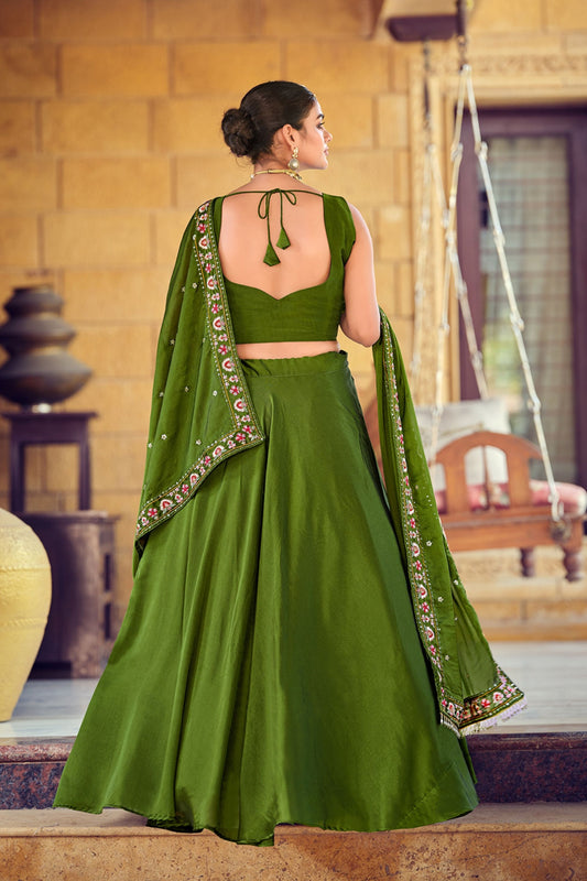 Simplistic Olive Green Embroidered Silk Lehenga Choli with Dupatta