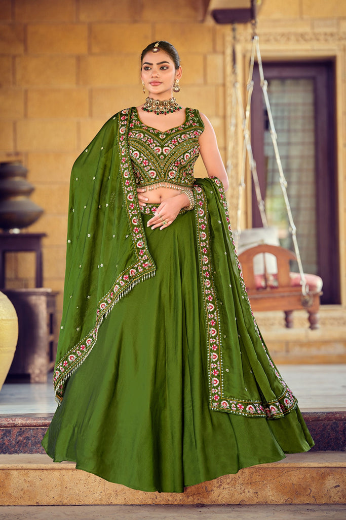 Simplistic Olive Green Embroidered Silk Lehenga Choli with Dupatta