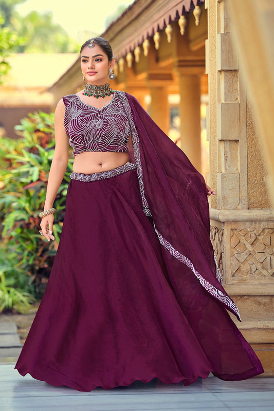 Refreshing Wine Embroidered Silk Lehenga Choli with Dupatta for Wedding