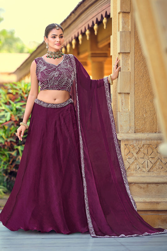 Refreshing Wine Embroidered Silk Lehenga Choli with Dupatta for Wedding