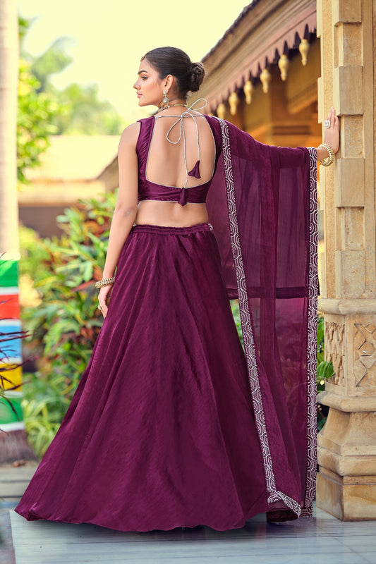 Refreshing Wine Embroidered Silk Lehenga Choli with Dupatta for Wedding