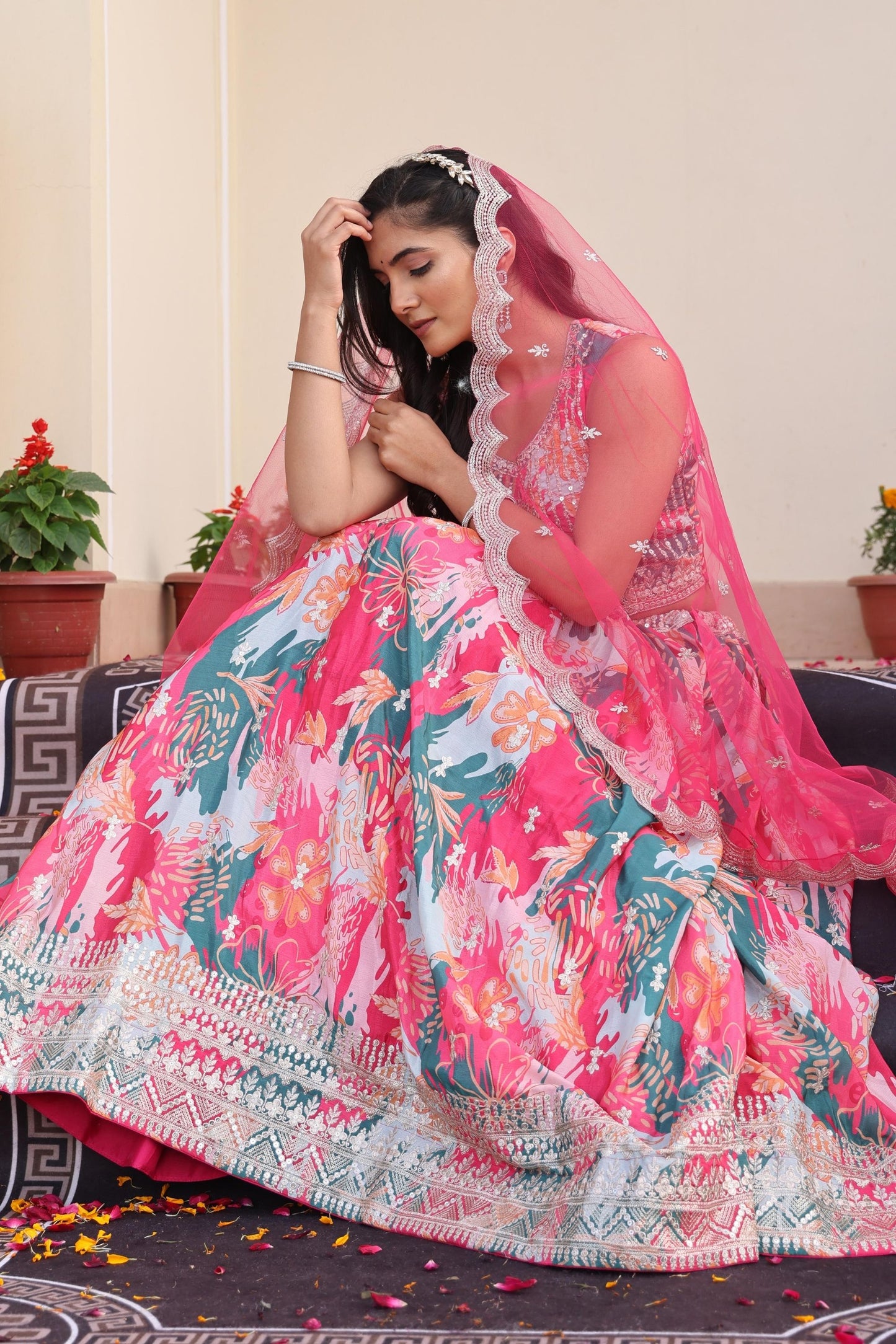 Vibrant Pink Floral Printed Chinon Lehenga Choli with Dupatta for Festive Occasion