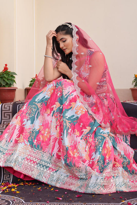 Vibrant Pink Floral Printed Chinon Lehenga Choli with Dupatta for Festive Occasion