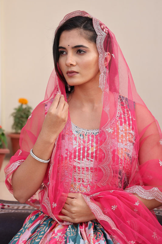 Vibrant Pink Floral Printed Chinon Lehenga Choli with Dupatta for Festive Occasion