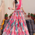 Vibrant Pink Floral Printed Chinon Lehenga Choli with Dupatta for Festive Occasion