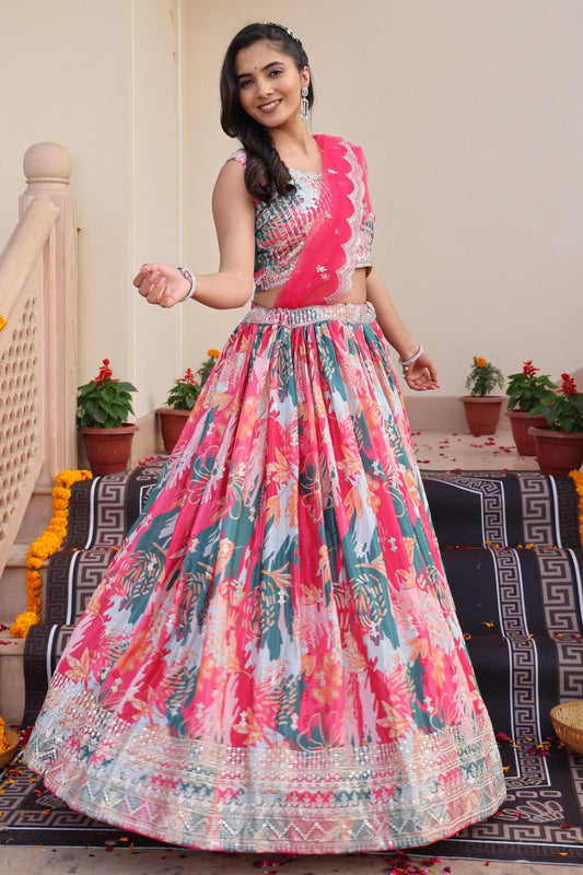 Vibrant Pink Floral Printed Chinon Lehenga Choli with Dupatta for Festive Occasion