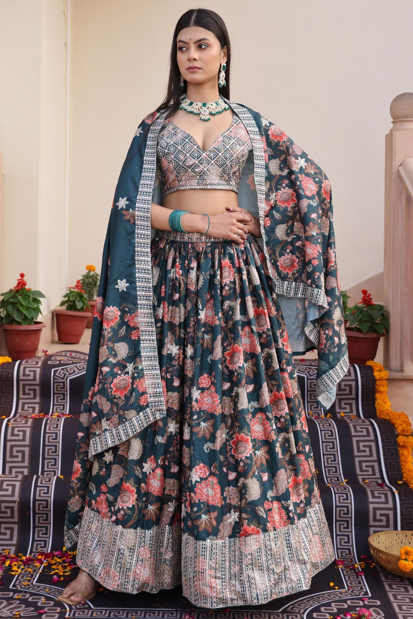 Stylish Green Floral Printed Chinon Lehenga Choli with Dupatta for Festive Occasion