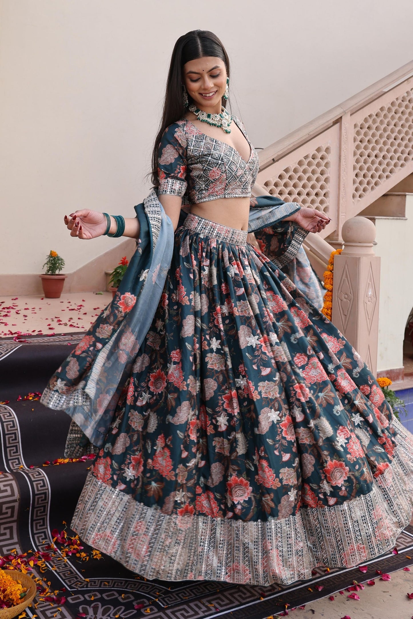 Stylish Green Floral Printed Chinon Lehenga Choli with Dupatta for Festive Occasion