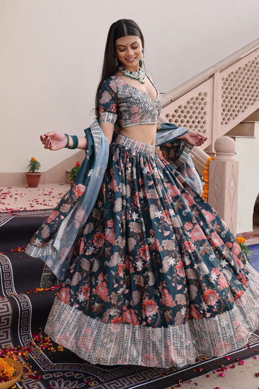 Stylish Green Floral Printed Chinon Lehenga Choli with Dupatta for Festive Occasion
