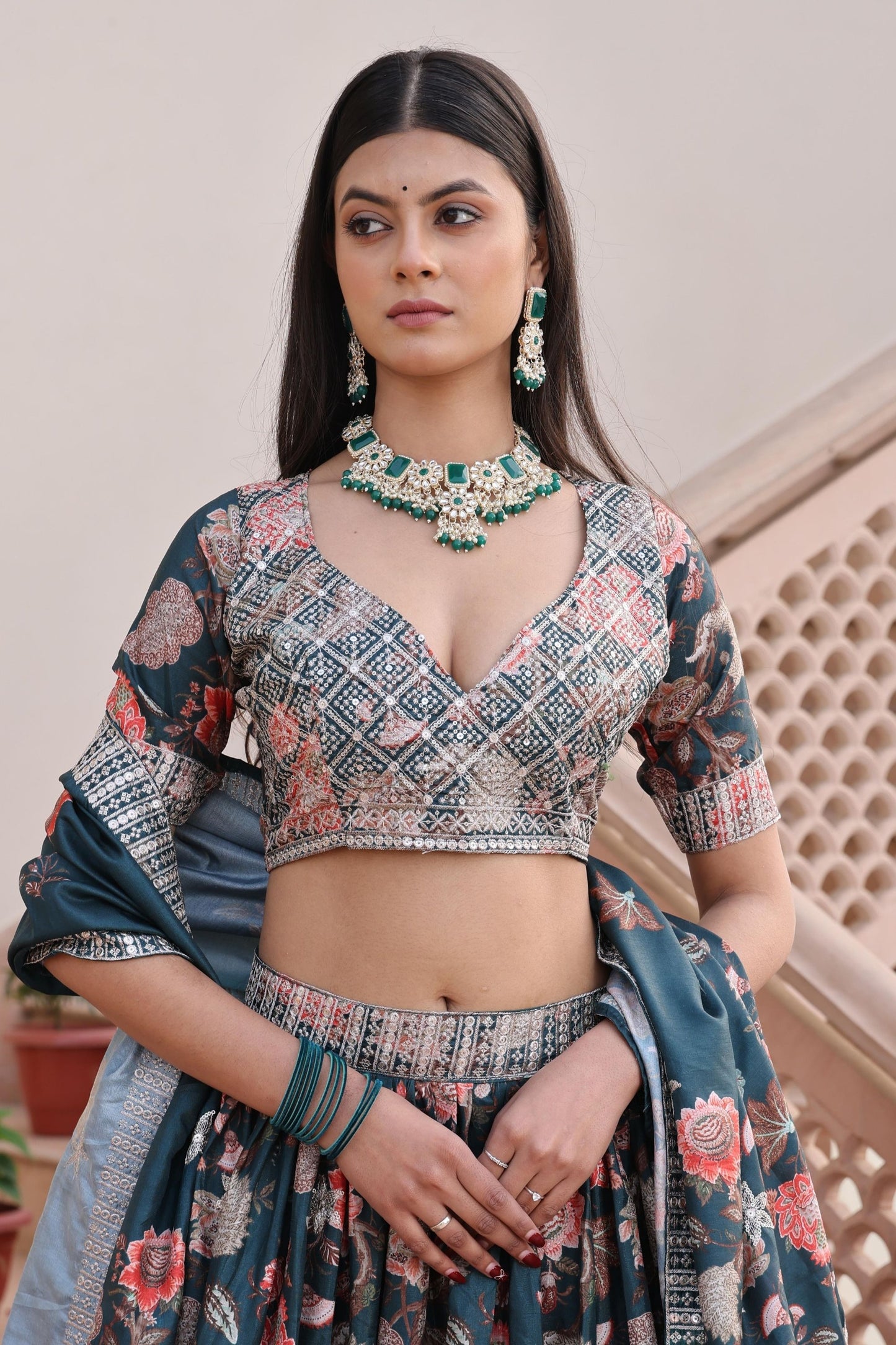 Stylish Green Floral Printed Chinon Lehenga Choli with Dupatta for Festive Occasion