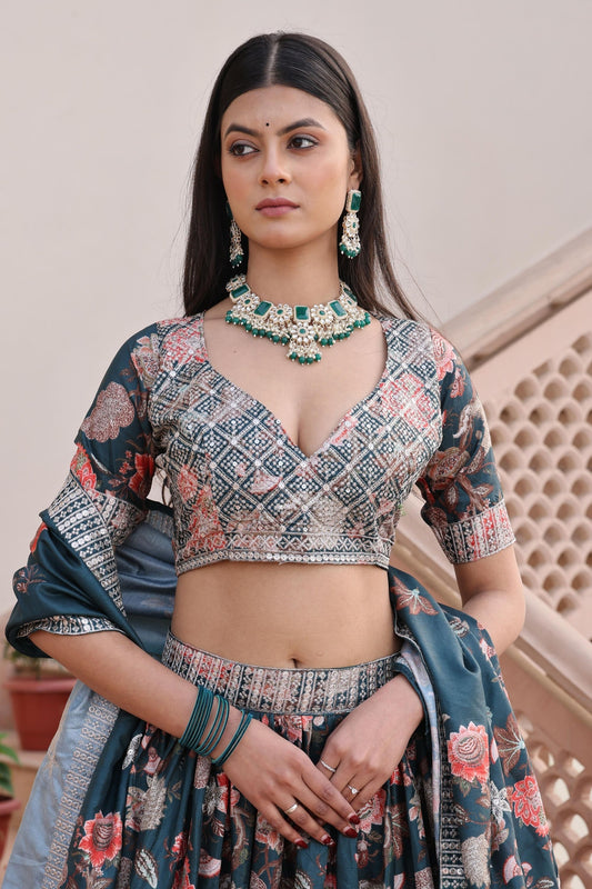 Stylish Green Floral Printed Chinon Lehenga Choli with Dupatta for Festive Occasion