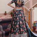 Stylish Green Floral Printed Chinon Lehenga Choli with Dupatta for Festive Occasion