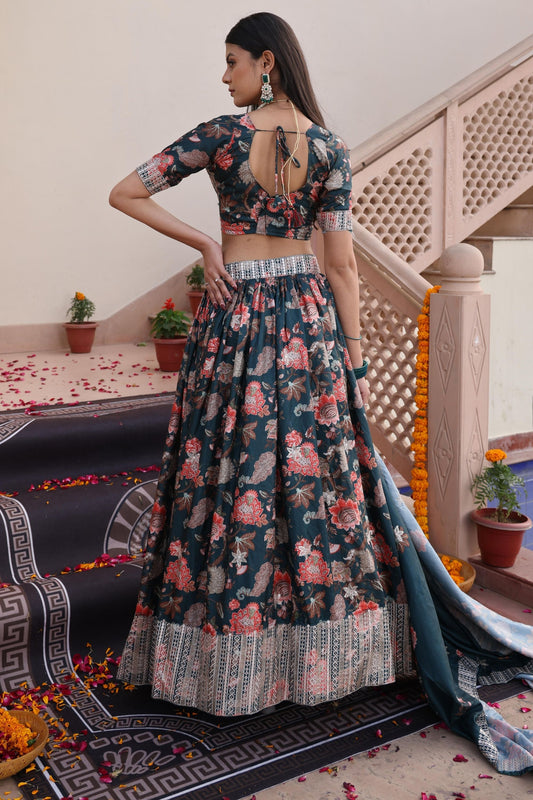 Stylish Green Floral Printed Chinon Lehenga Choli with Dupatta for Festive Occasion