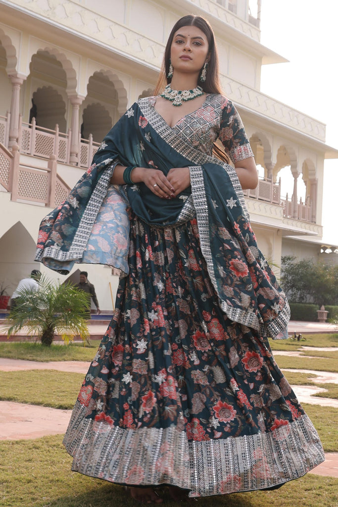 Stylish Green Floral Printed Chinon Lehenga Choli with Dupatta for Festive Occasion