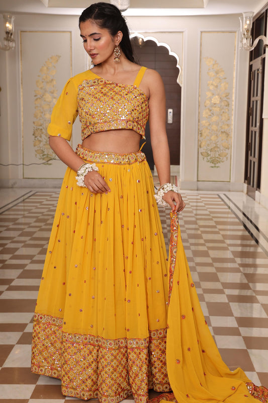 Radiant Mustard Yellow Embroidered Georgette Lehenga Choli with Dupatta for Festival