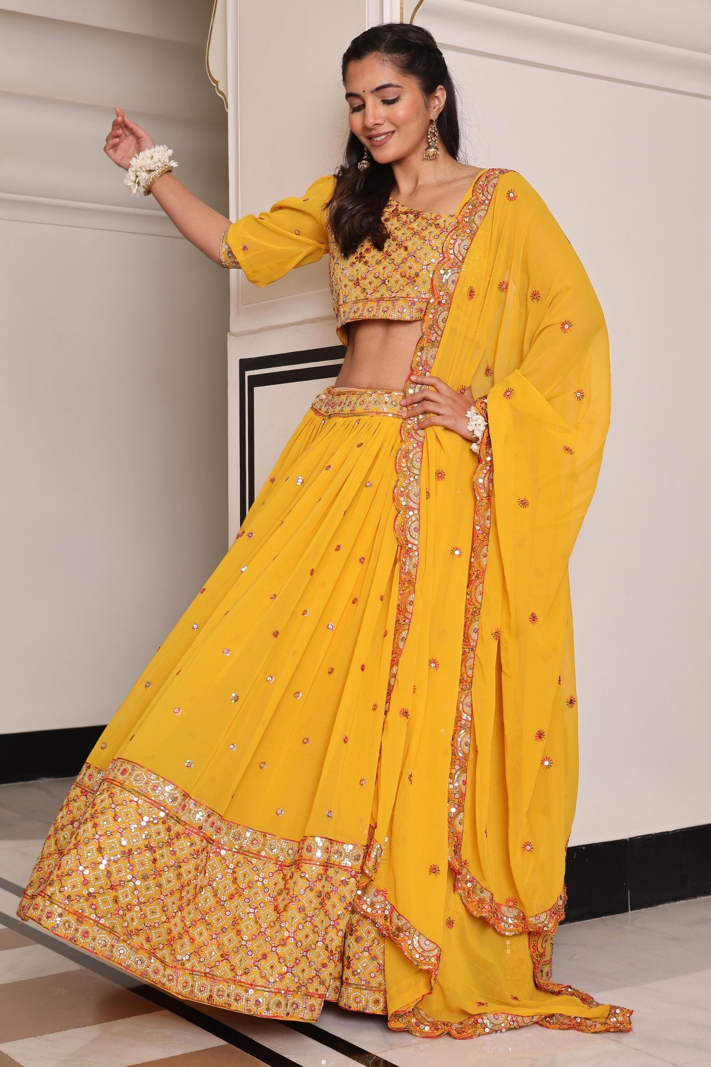 Radiant Mustard Yellow Embroidered Georgette Lehenga Choli with Dupatta for Festival