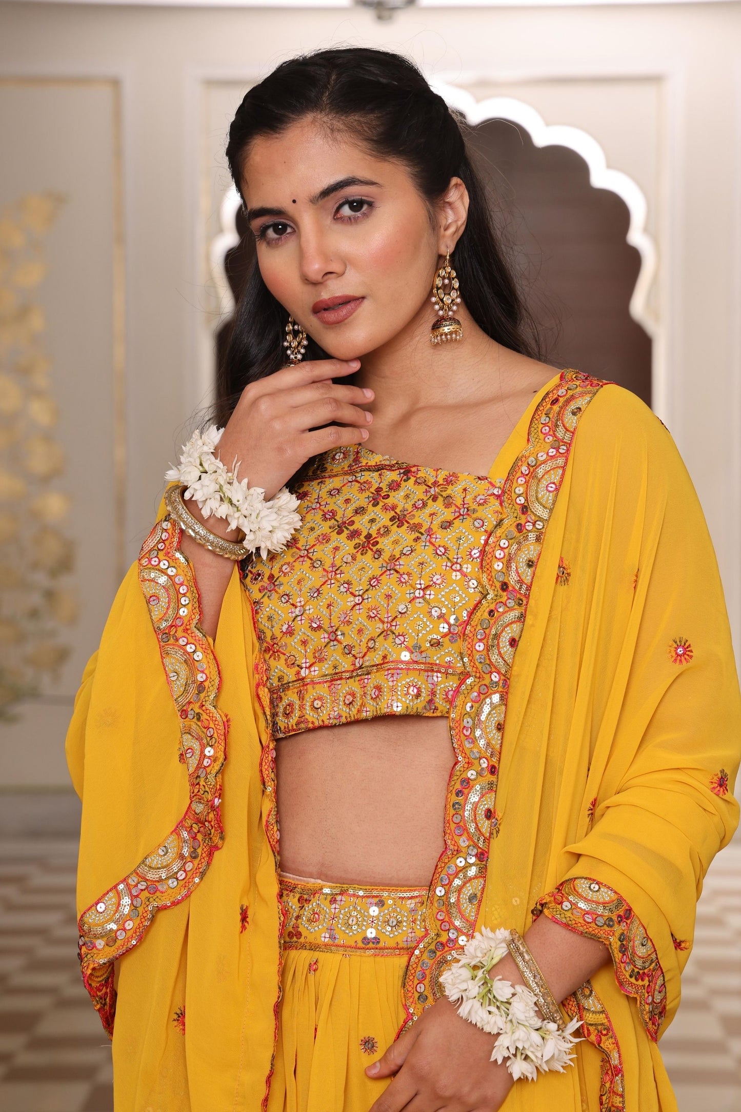 Radiant Mustard Yellow Embroidered Georgette Lehenga Choli with Dupatta for Festival