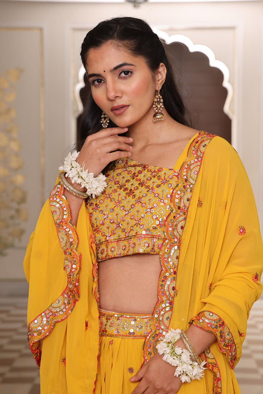 Radiant Mustard Yellow Embroidered Georgette Lehenga Choli with Dupatta for Festival