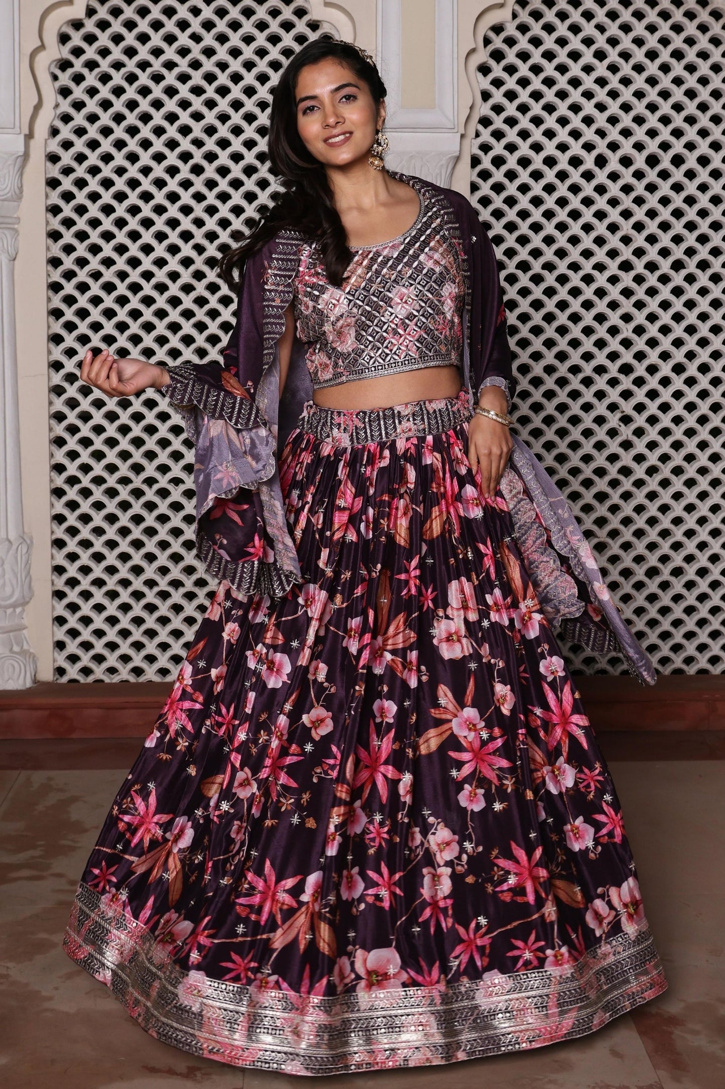 Glorious Wine Floral Printed Chinon Lehenga Choli with Dupatta for Festive Occasion