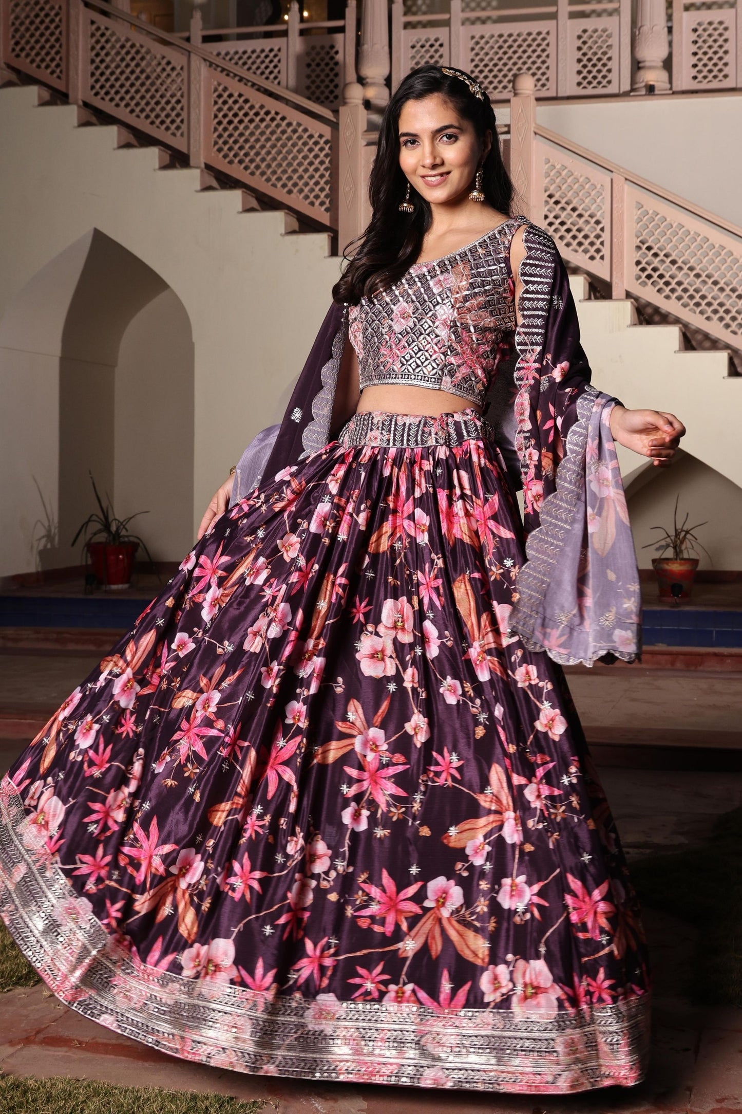 Glorious Wine Floral Printed Chinon Lehenga Choli with Dupatta for Festive Occasion