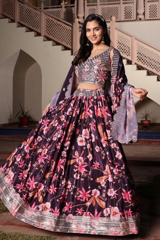 Glorious Wine Floral Printed Chinon Lehenga Choli with Dupatta for Festive Occasion