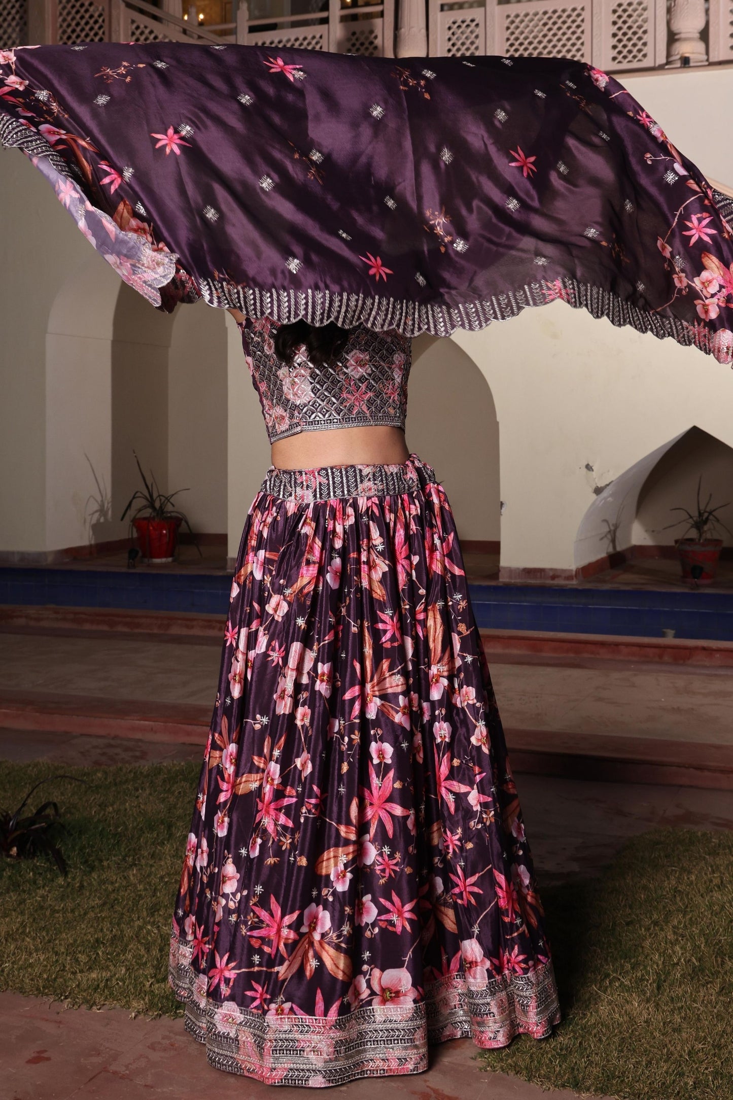 Glorious Wine Floral Printed Chinon Lehenga Choli with Dupatta for Festive Occasion