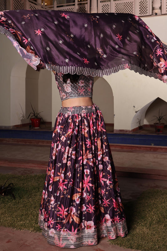 Glorious Wine Floral Printed Chinon Lehenga Choli with Dupatta for Festive Occasion