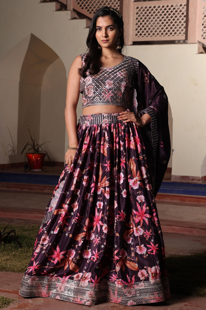 Glorious Wine Floral Printed Chinon Lehenga Choli with Dupatta for Festive Occasion