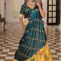 Gorgeous Yellow and Teal Floral Printed Silk Lehenga Choli with Dupatta for Festive Occasion