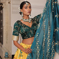 Gorgeous Yellow and Teal Floral Printed Silk Lehenga Choli with Dupatta for Festive Occasion