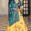Gorgeous Yellow and Teal Floral Printed Silk Lehenga Choli with Dupatta for Festive Occasion