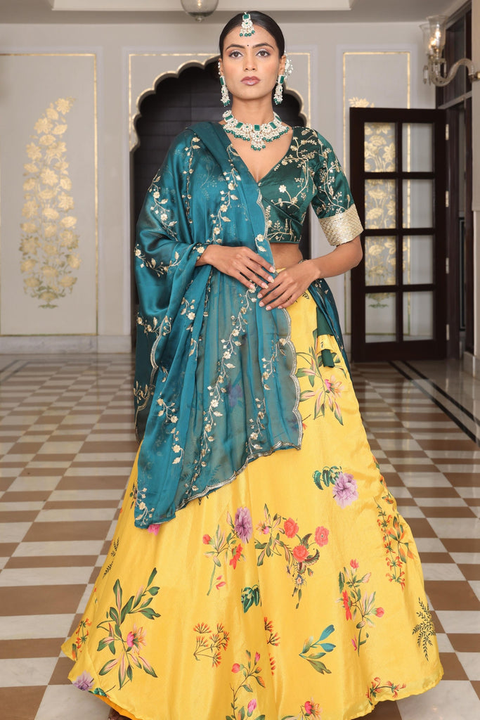 Gorgeous Yellow and Teal Floral Printed Silk Lehenga Choli with Dupatta for Festive Occasion