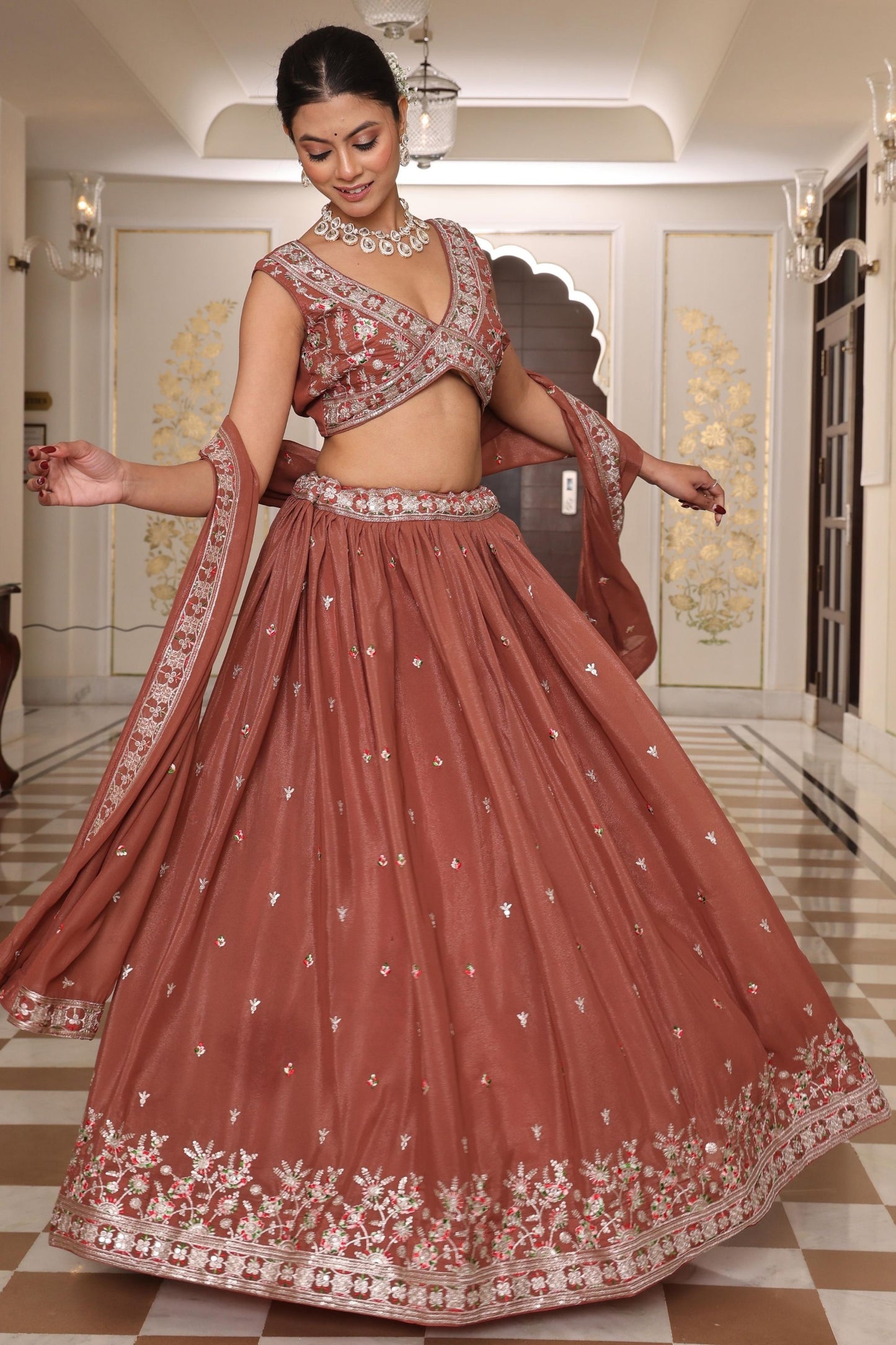 Trendy Brown Embroidered Georgette Lehenga Choli with Dupatta for Wedding