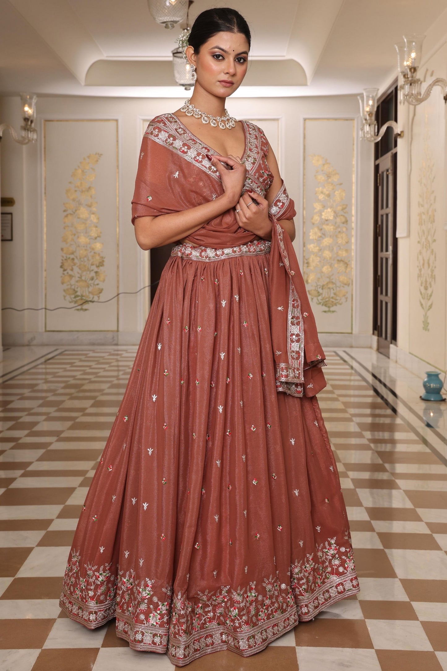 Trendy Brown Embroidered Georgette Lehenga Choli with Dupatta for Wedding