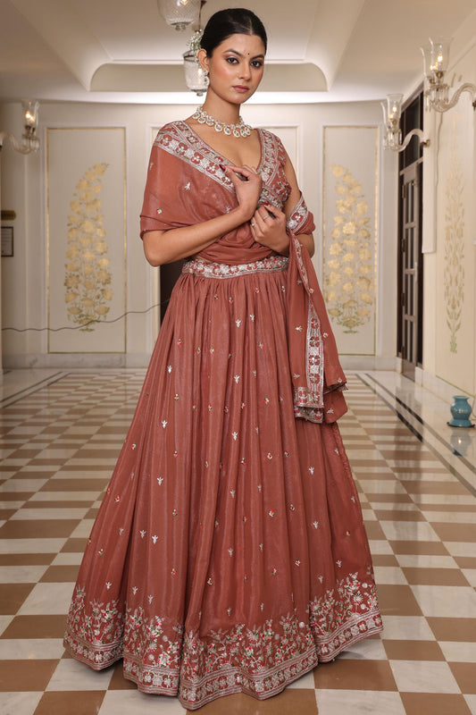 Trendy Brown Embroidered Georgette Lehenga Choli with Dupatta for Wedding