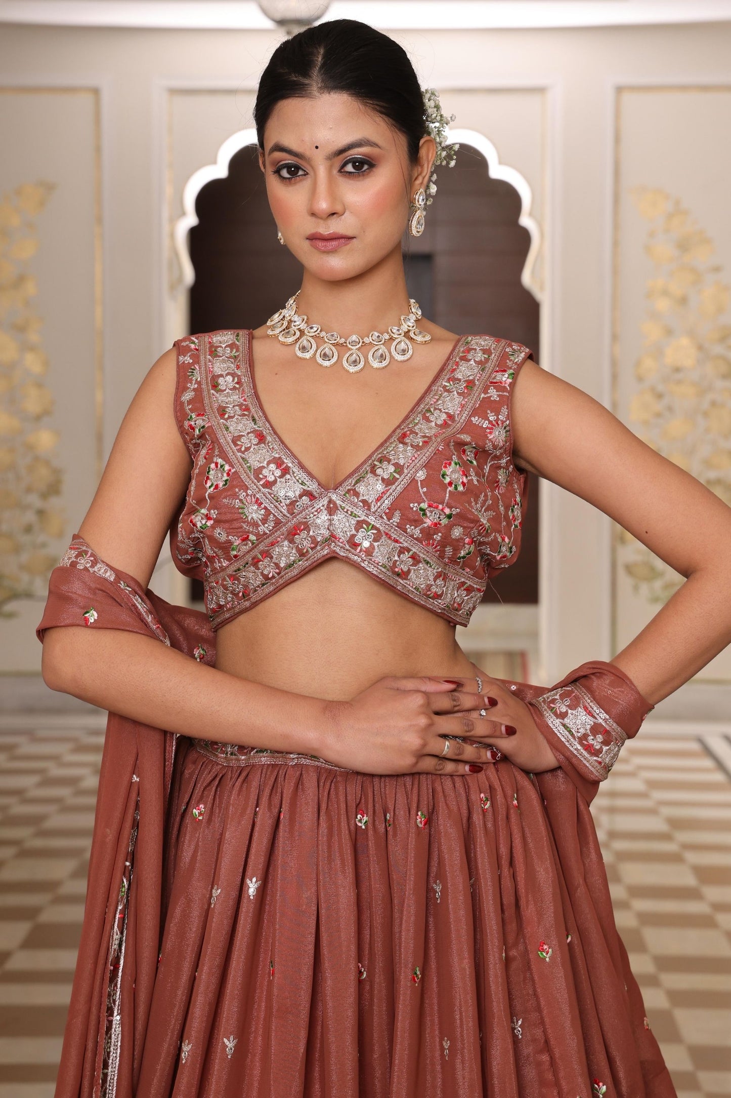 Trendy Brown Embroidered Georgette Lehenga Choli with Dupatta for Wedding