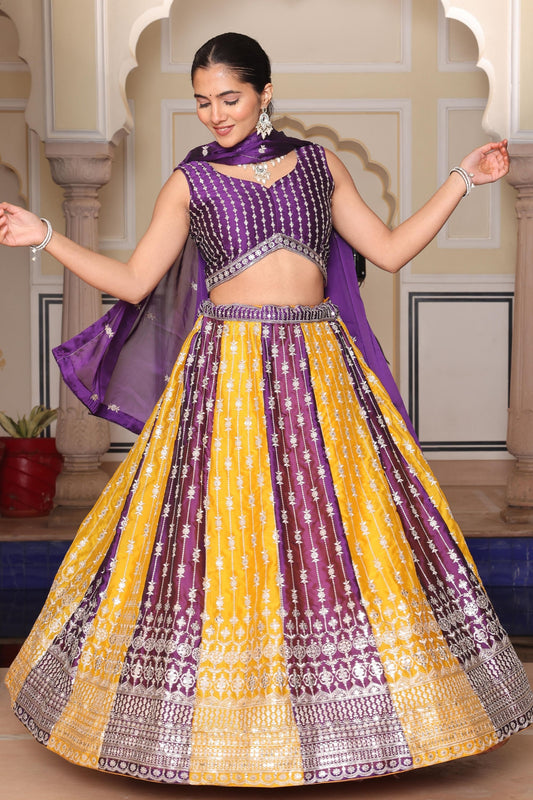 Impressive Purple and Yellow Embroidered Silk Lehenga Choli with Dupatta for Festive Occasion