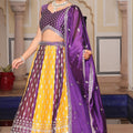 Impressive Purple and Yellow Embroidered Silk Lehenga Choli with Dupatta for Festive Occasion