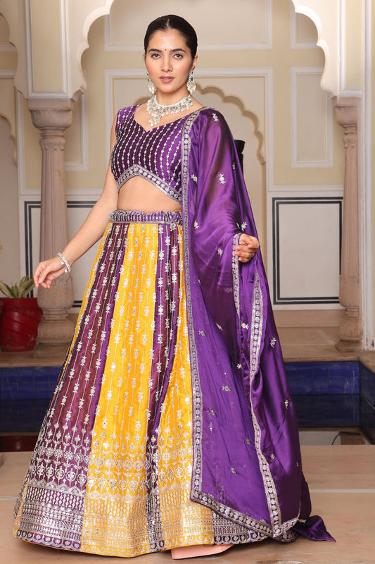Impressive Purple and Yellow Embroidered Silk Lehenga Choli with Dupatta for Festive Occasion