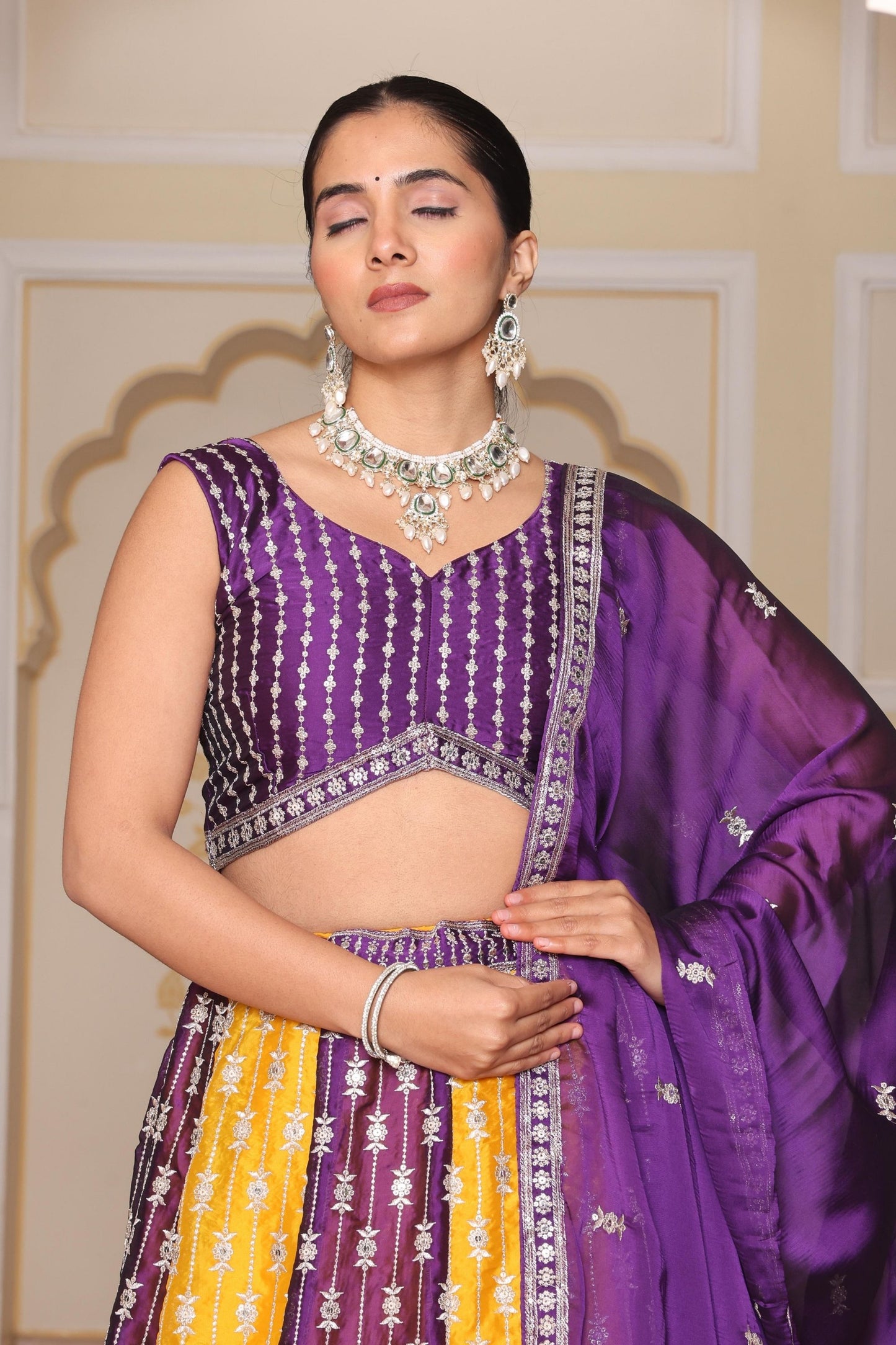 Impressive Purple and Yellow Embroidered Silk Lehenga Choli with Dupatta for Festive Occasion